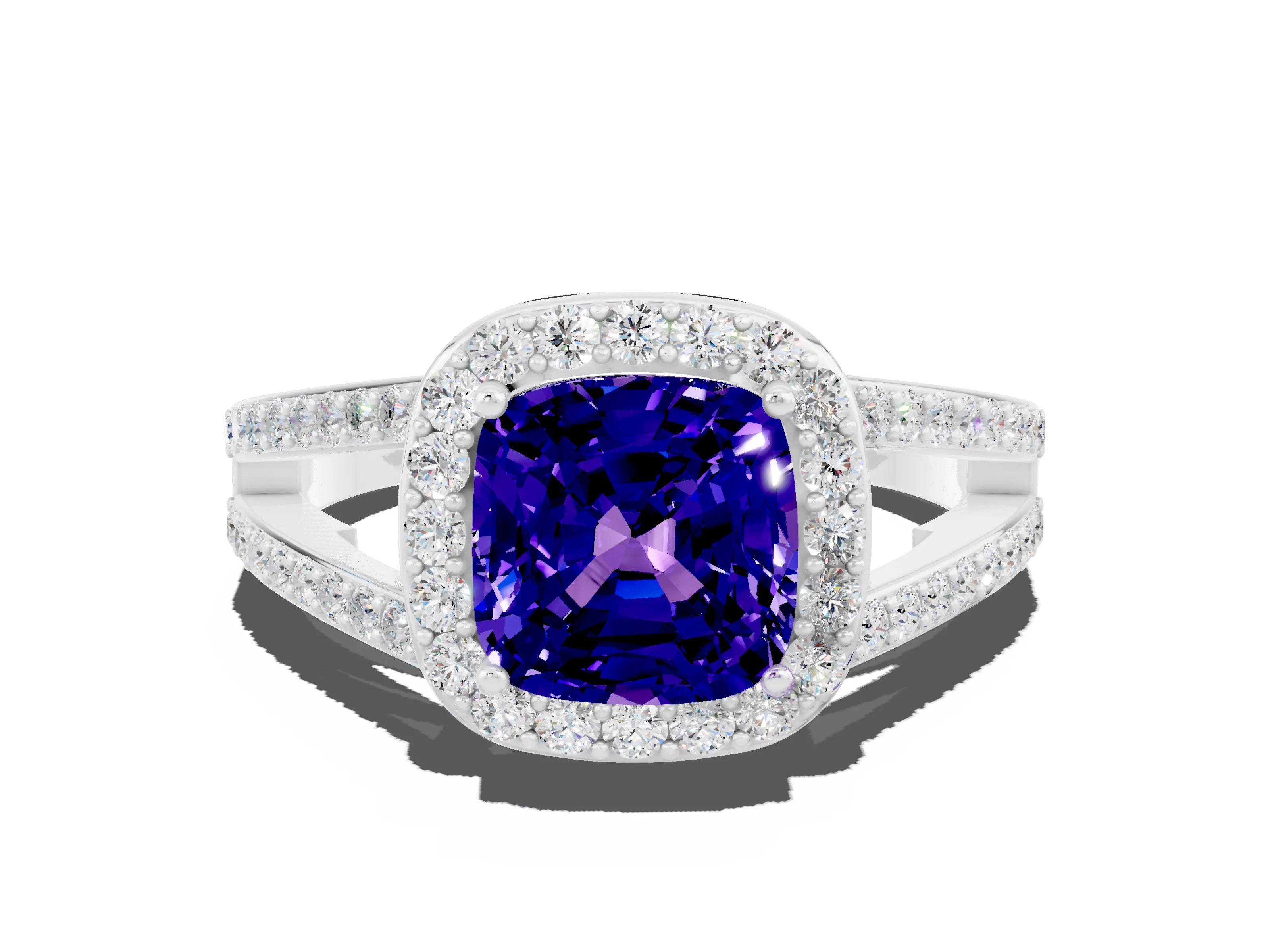 White gold Cushion Cut Tanzanite Halo Ring with Split Shank U-Prong Band and Four-Prong Setting