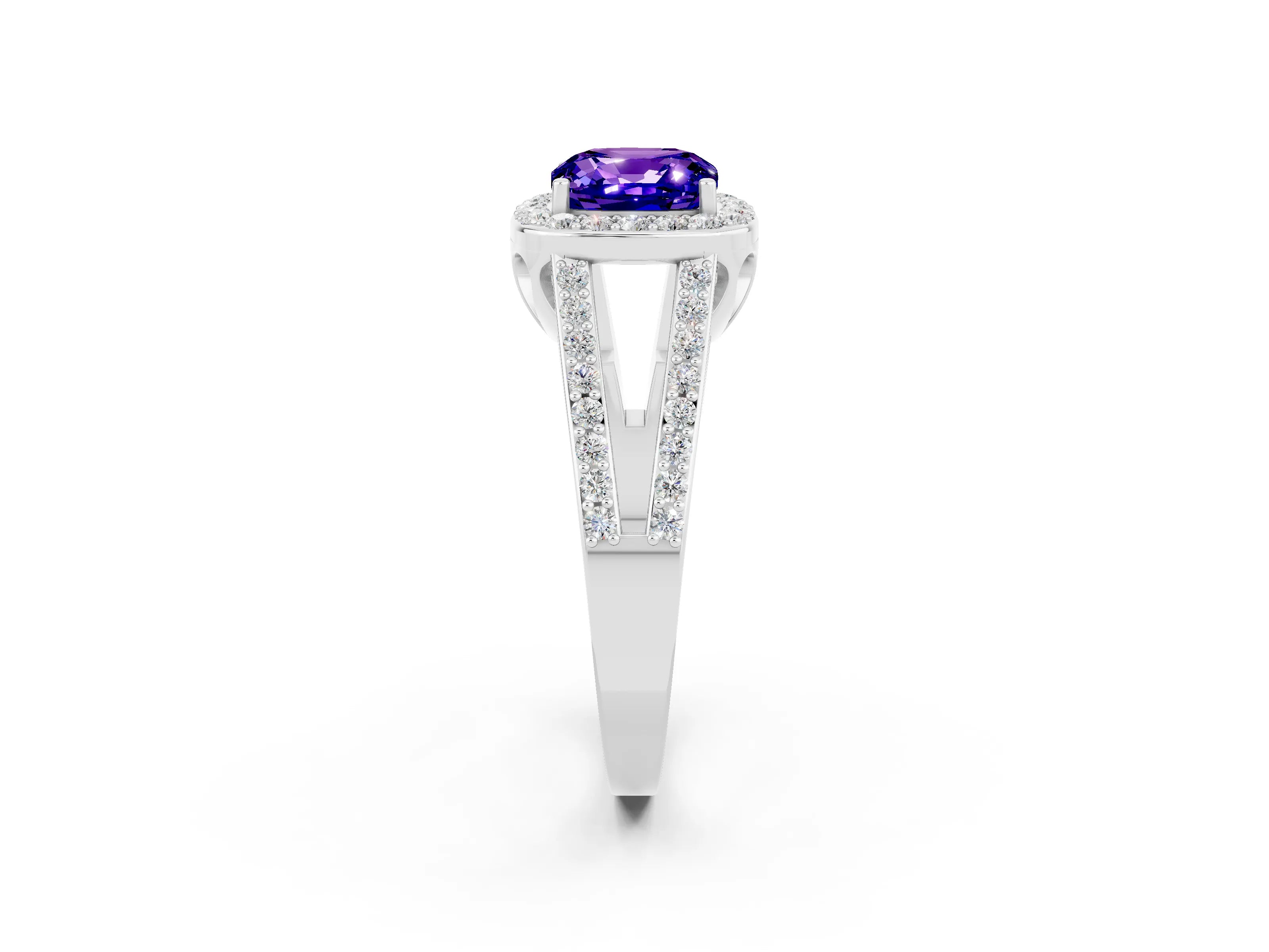 White gold Cushion Cut Tanzanite Halo Ring with Split Shank U-Prong Band and Four-Prong Setting_2