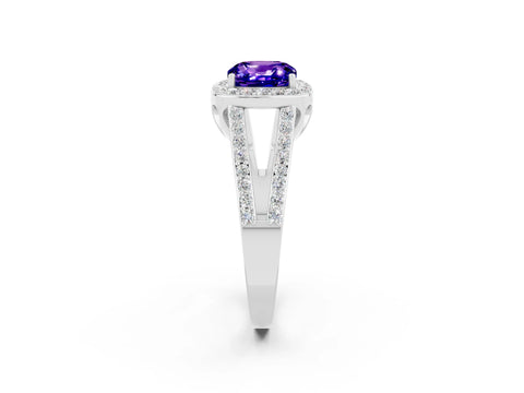 White gold Cushion Cut Tanzanite Halo Ring with Split Shank U-Prong Band and Four-Prong Setting_2