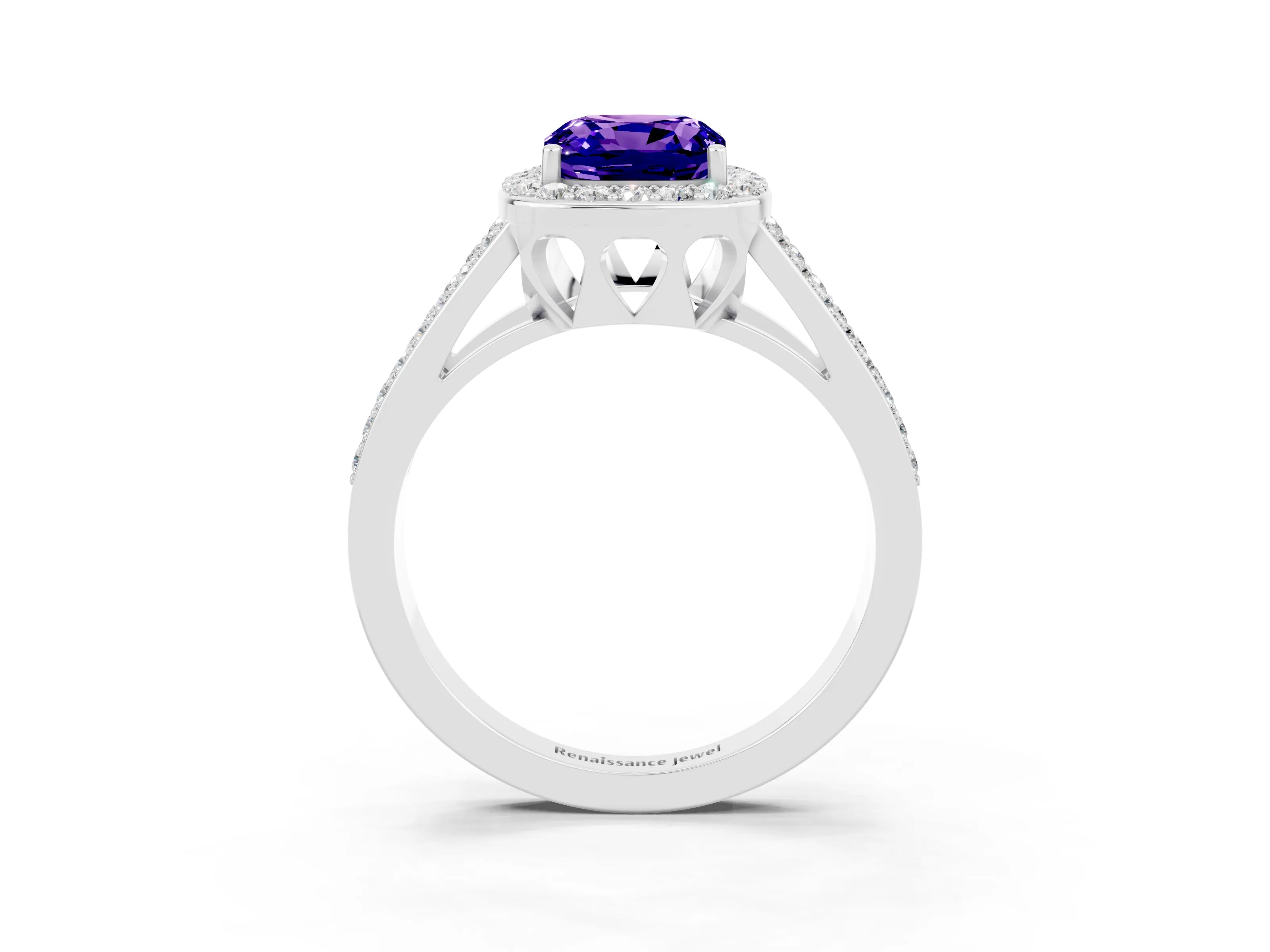 White gold Cushion Cut Tanzanite Halo Ring with Split Shank U-Prong Band and Four-Prong Setting_3
