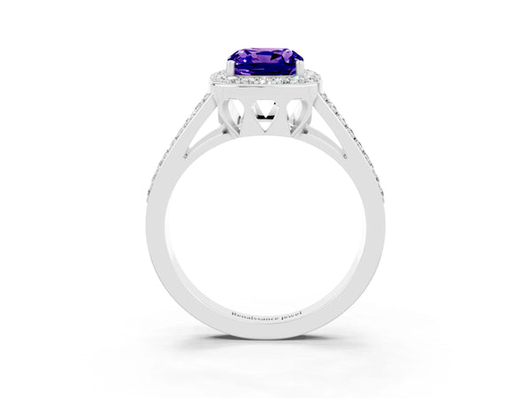 Platinum Cushion Cut Tanzanite Halo Ring with Split Shank U-Prong Band and Four-Prong Setting