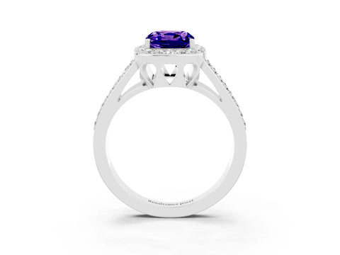 White gold Cushion Cut Tanzanite Halo Ring with Split Shank U-Prong Band and Four-Prong Setting_3