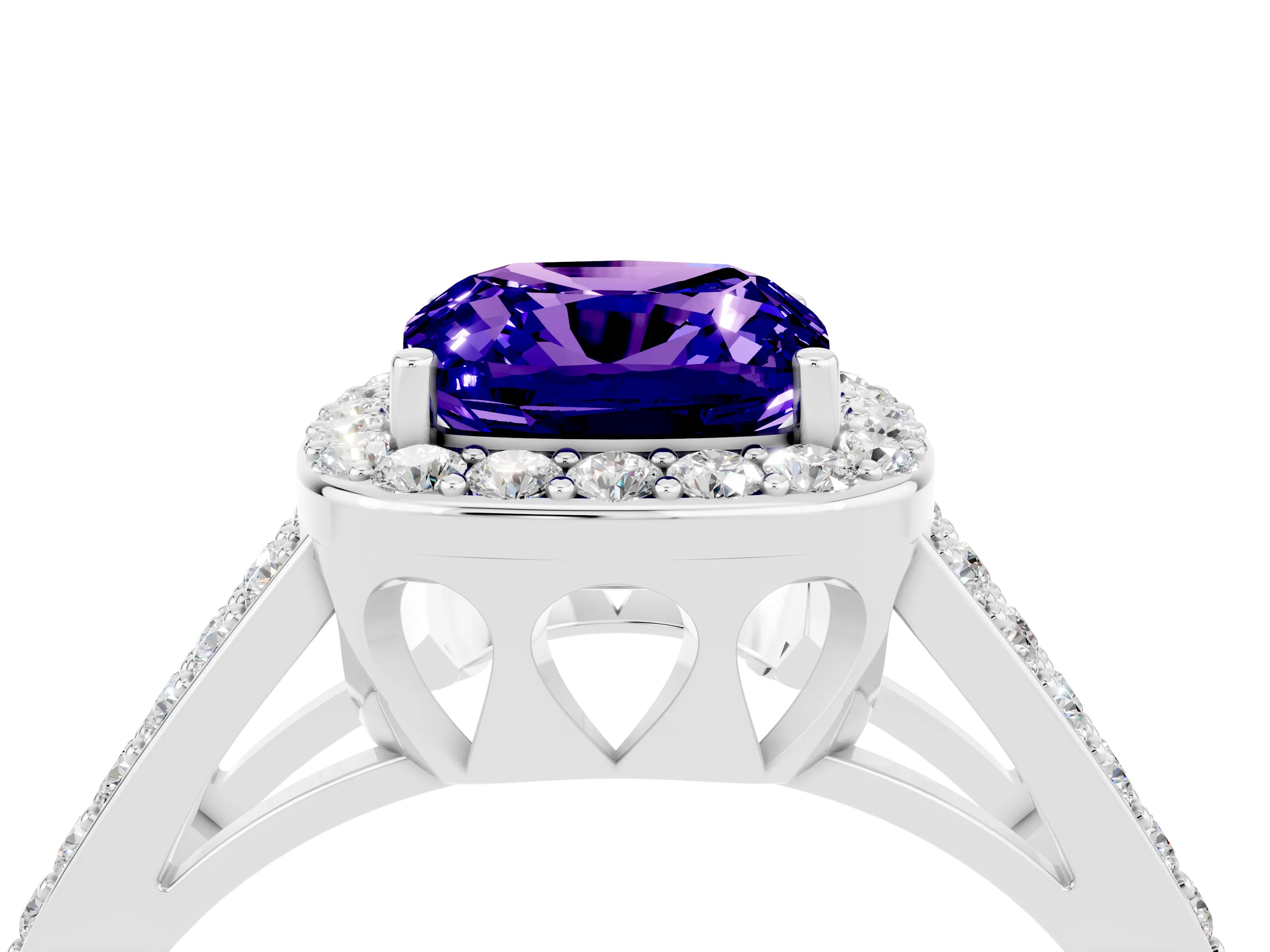 White gold Cushion Cut Tanzanite Halo Ring with Split Shank U-Prong Band and Four-Prong Setting_4