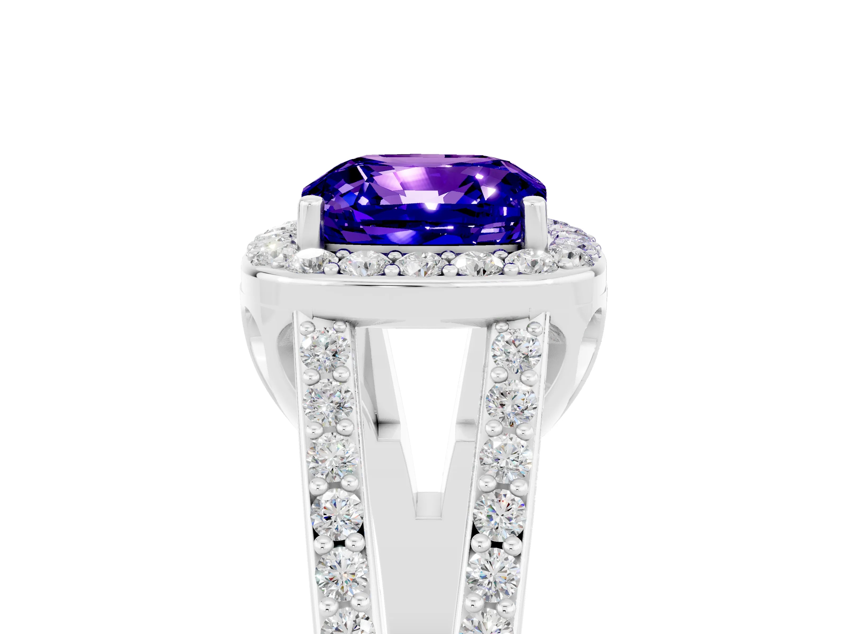 White gold Cushion Cut Tanzanite Halo Ring with Split Shank U-Prong Band and Four-Prong Setting_5
