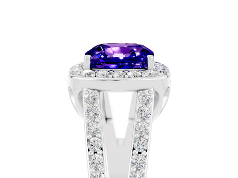 White gold Cushion Cut Tanzanite Halo Ring with Split Shank U-Prong Band and Four-Prong Setting_5