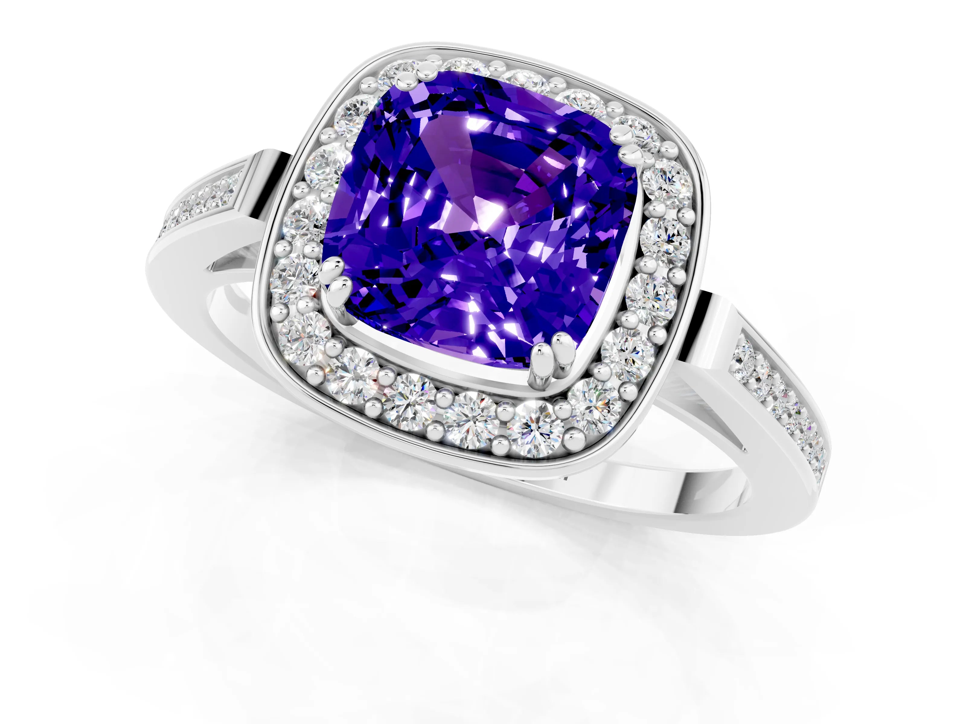White gold Cushion Cut Tanzanite Halo Ring with Split Shank and Four-Prong Setting_1