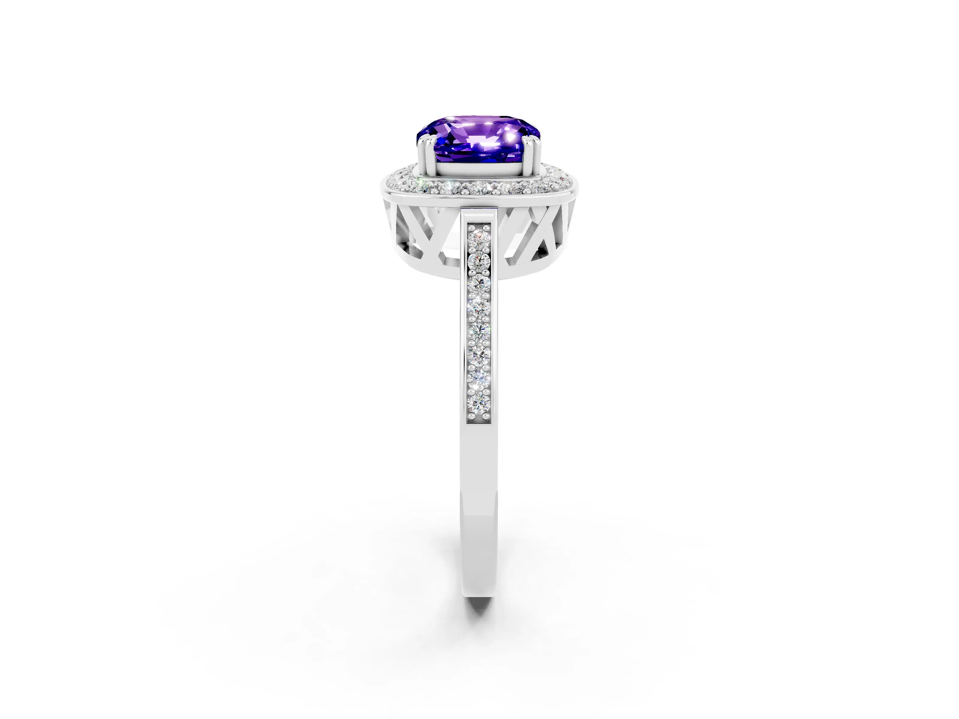 White gold Cushion Cut Tanzanite Halo Ring with Split Shank and Four-Prong Setting_2
