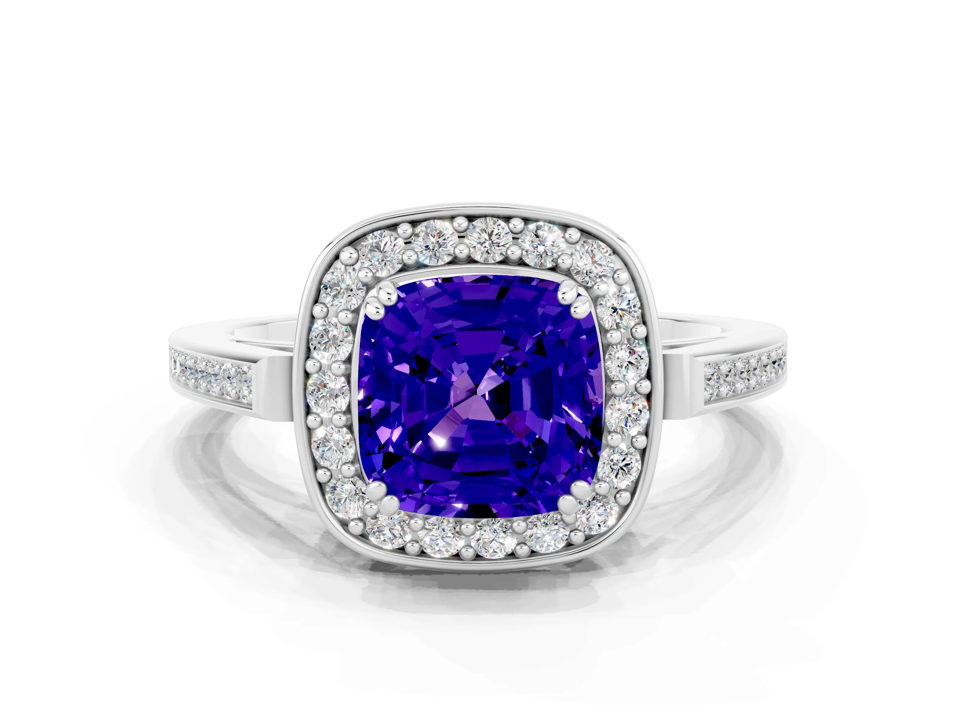 White gold Cushion Cut Tanzanite Halo Ring with Split Shank and Four-Prong Setting_24