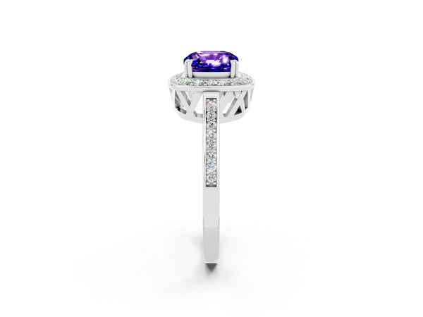 White gold Cushion Cut Tanzanite Halo Ring with Split Shank and Four-Prong Setting
