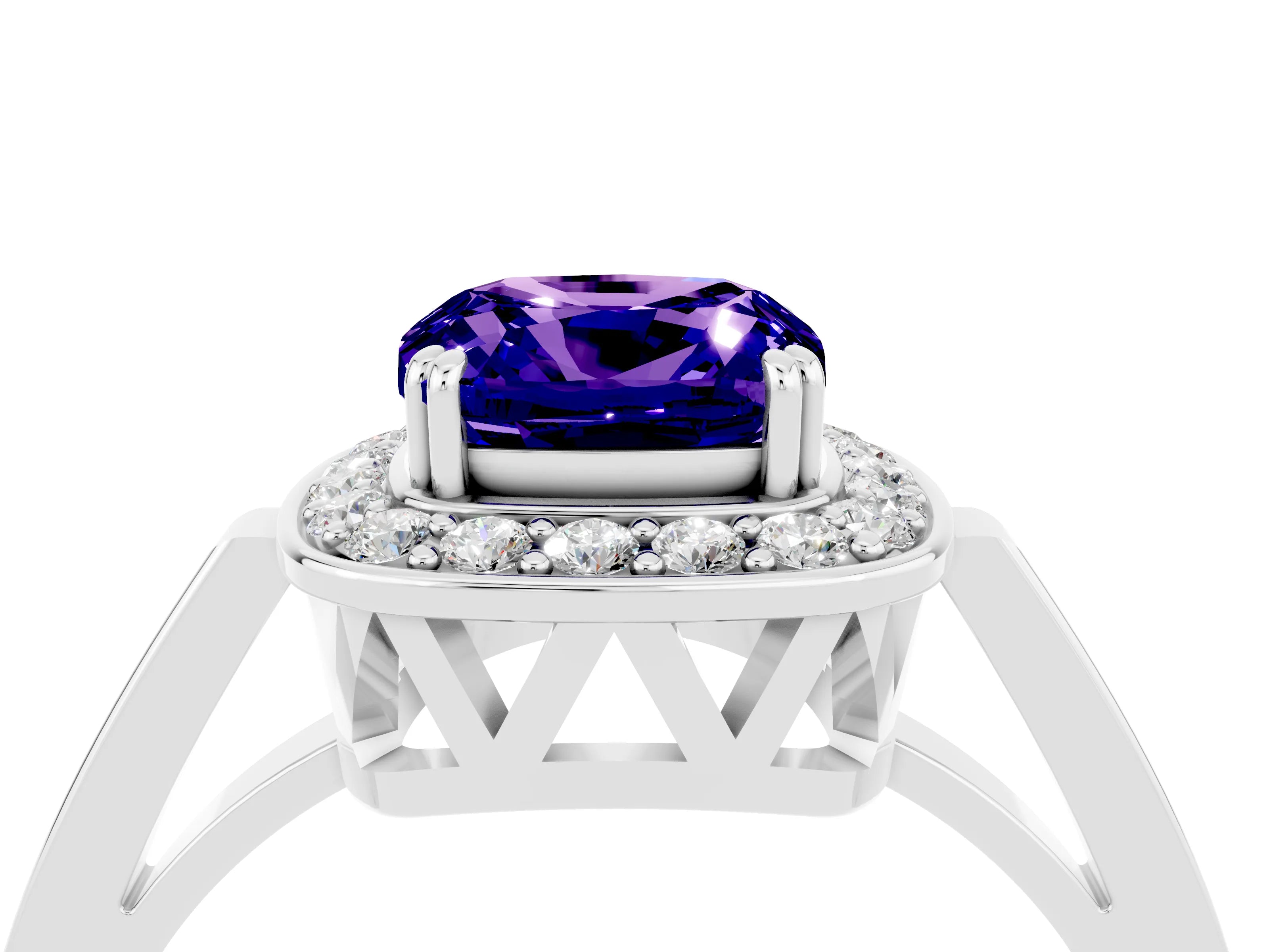 White gold Cushion Cut Tanzanite Halo Ring with Split Shank and Four-Prong Setting_28