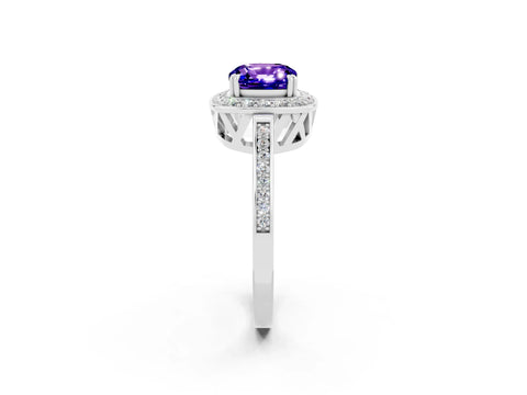 White gold Cushion Cut Tanzanite Halo Ring with Split Shank and Four-Prong Setting_2