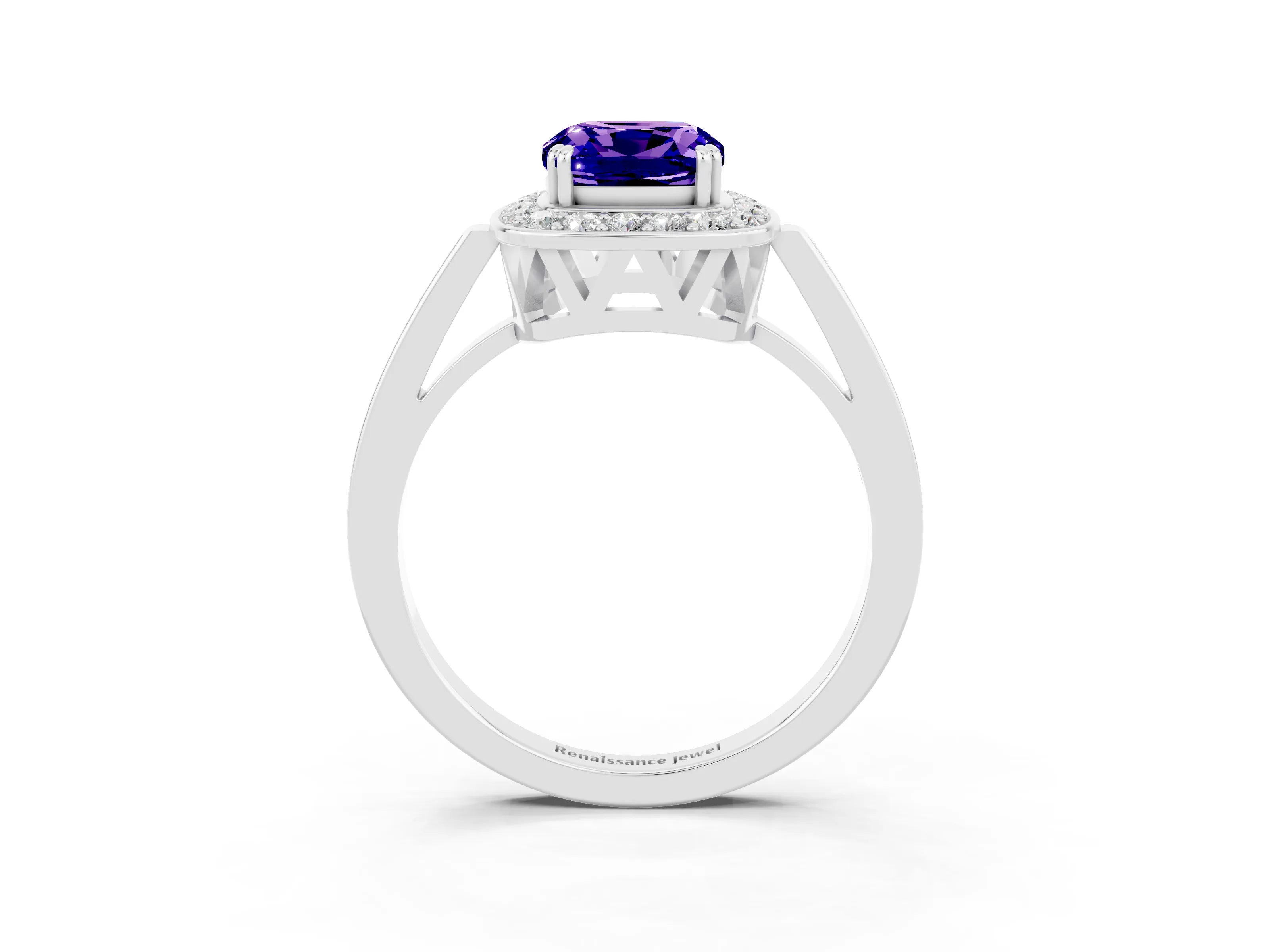 White gold Cushion Cut Tanzanite Halo Ring with Split Shank and Four-Prong Setting_3