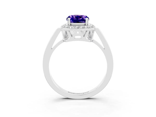 Platinum Cushion Cut Tanzanite Halo Ring with Split Shank and Four-Prong Setting