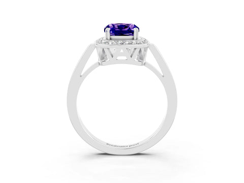 White gold Cushion Cut Tanzanite Halo Ring with Split Shank and Four-Prong Setting_3