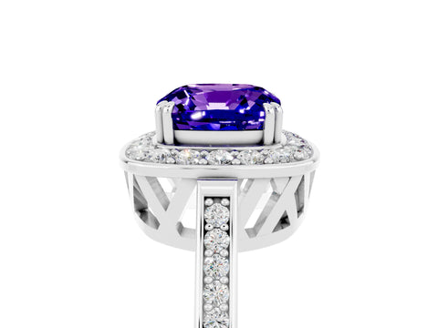 White gold Cushion Cut Tanzanite Halo Ring with Split Shank and Four-Prong Setting_5