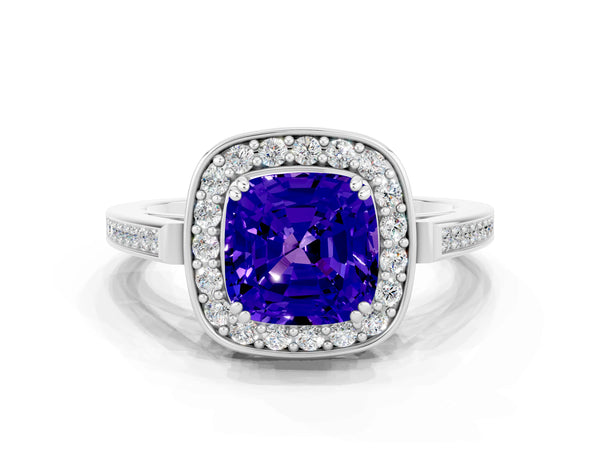 Silver Cushion Cut Tanzanite Halo Ring with Split Shank and Four-Prong Setting