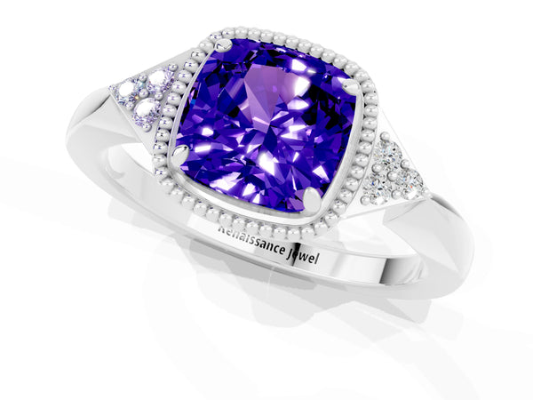 Silver Cushion Cut Tanzanite Halo Ring with Tapered Band and Four-Prong Setting