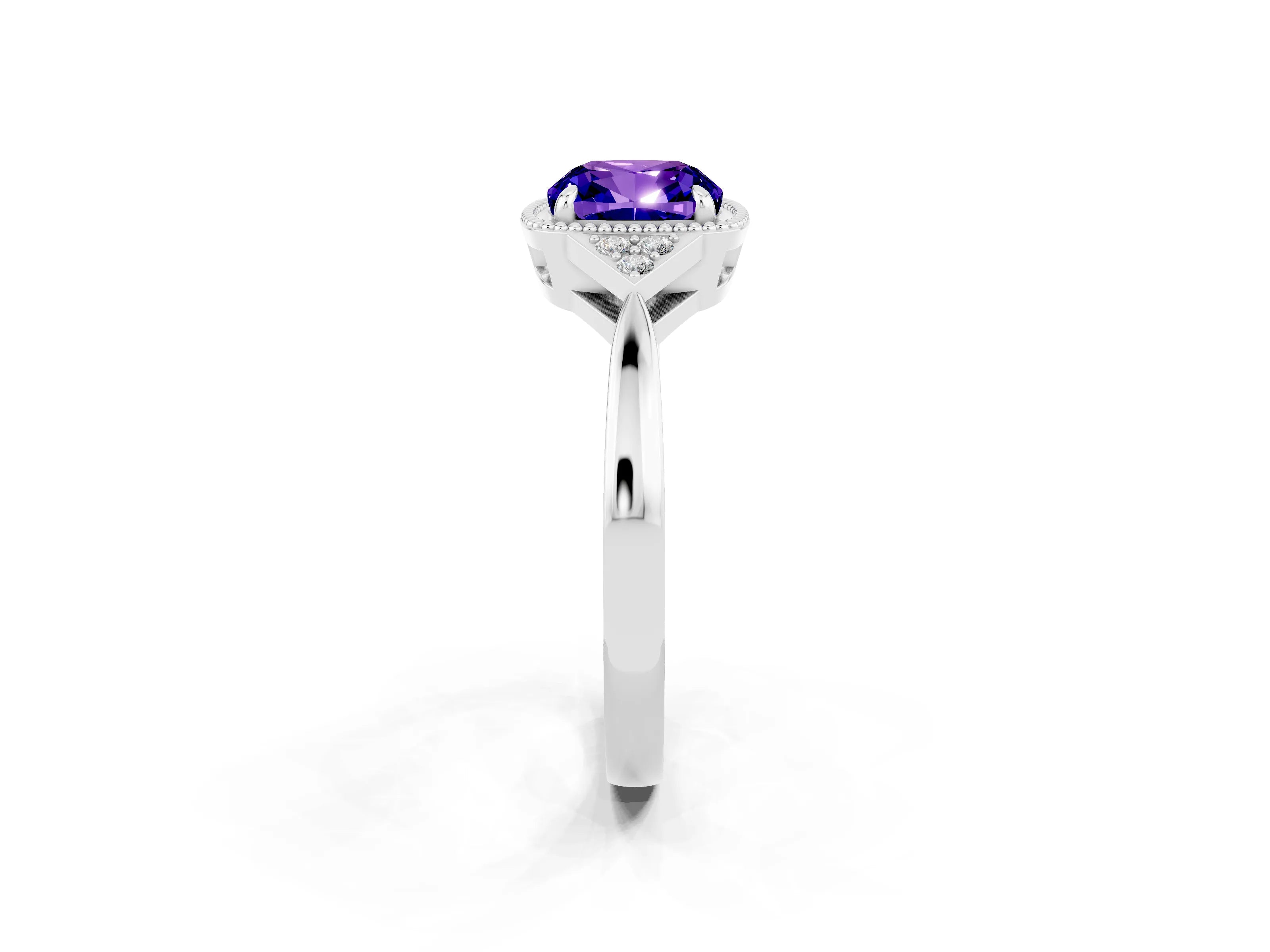 White gold Cushion Cut Tanzanite Halo Ring with Tapered Band and Four-Prong Setting_2