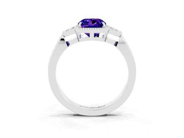 Platinum Cushion Cut Tanzanite Halo Ring with Tapered Band and Four-Prong Setting