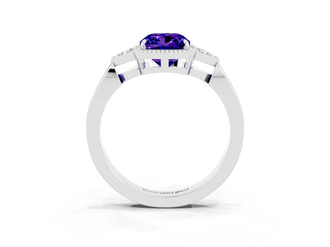White gold Cushion Cut Tanzanite Halo Ring with Tapered Band and Four-Prong Setting_3