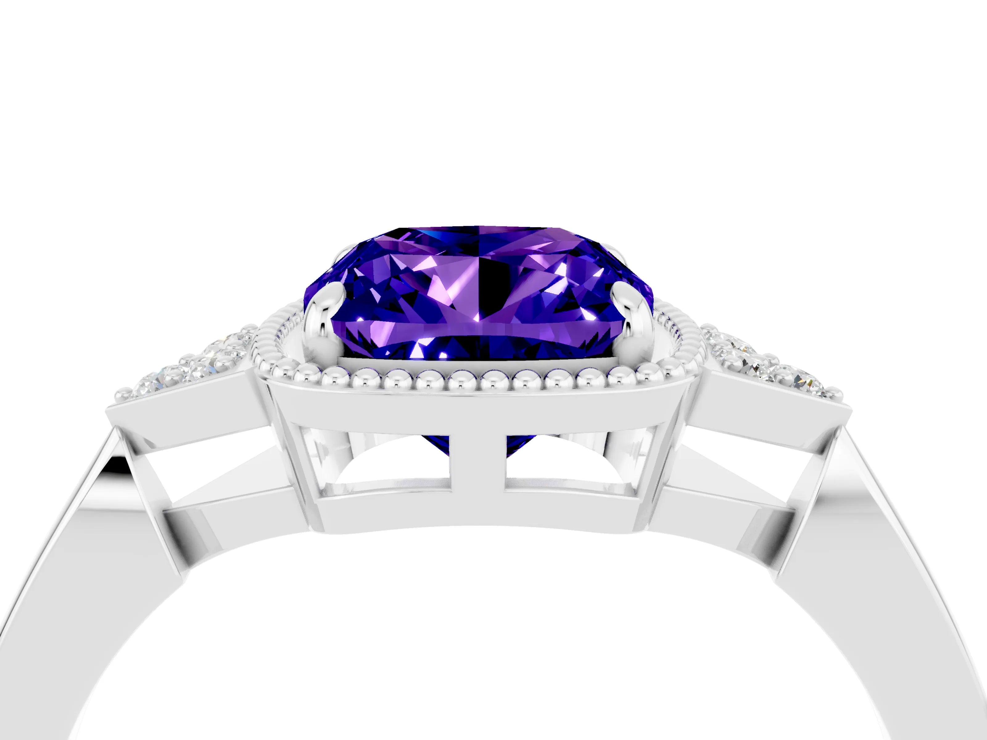 White gold Cushion Cut Tanzanite Halo Ring with Tapered Band and Four-Prong Setting_4