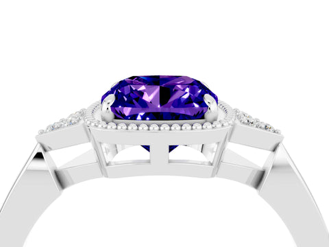 White gold Cushion Cut Tanzanite Halo Ring with Tapered Band and Four-Prong Setting_4