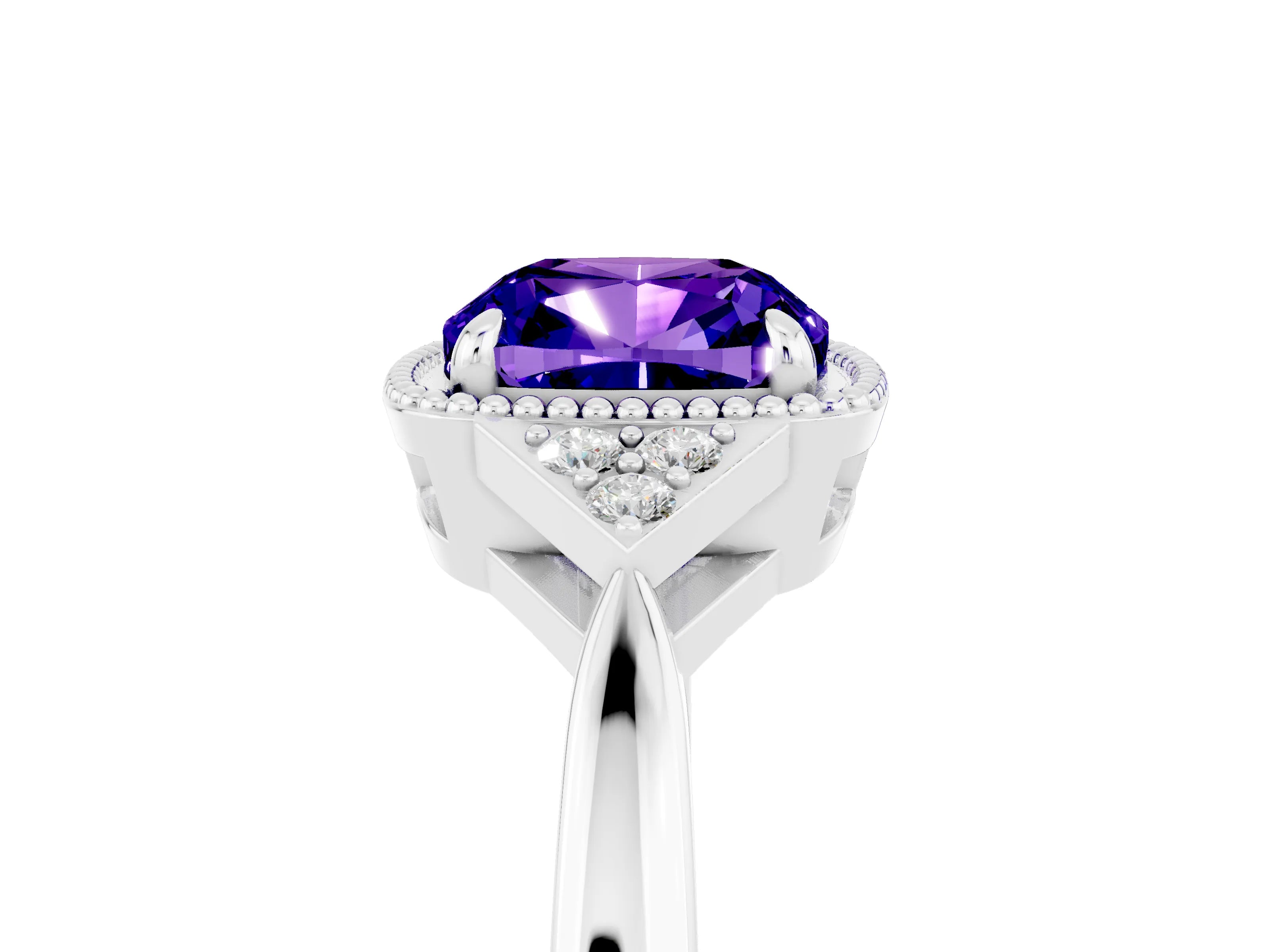 White gold Cushion Cut Tanzanite Halo Ring with Tapered Band and Four-Prong Setting_5