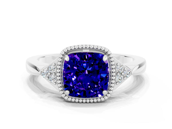 White gold Cushion Cut Tanzanite Halo Ring with Tapered Band and Four-Prong Setting