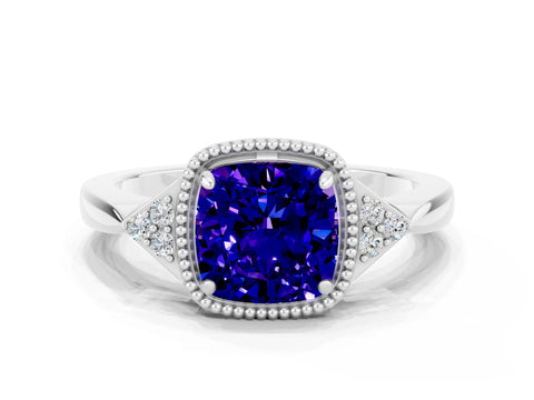 White gold Cushion Cut Tanzanite Halo Ring with Tapered Band and Four-Prong Setting