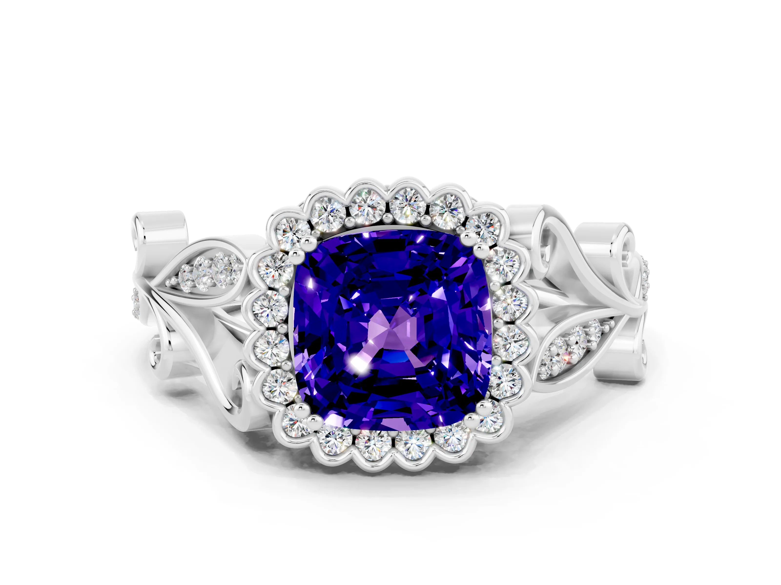 White gold Cushion Cut Tanzanite Halo Ring with Vintage Split Shank and Four-Prong Setting_24