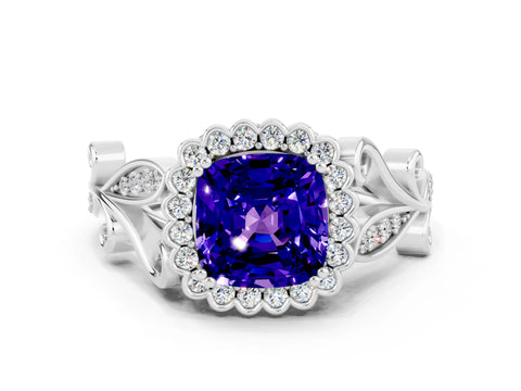 White gold Cushion Cut Tanzanite Halo Ring with Vintage Split Shank and Four-Prong Setting_24