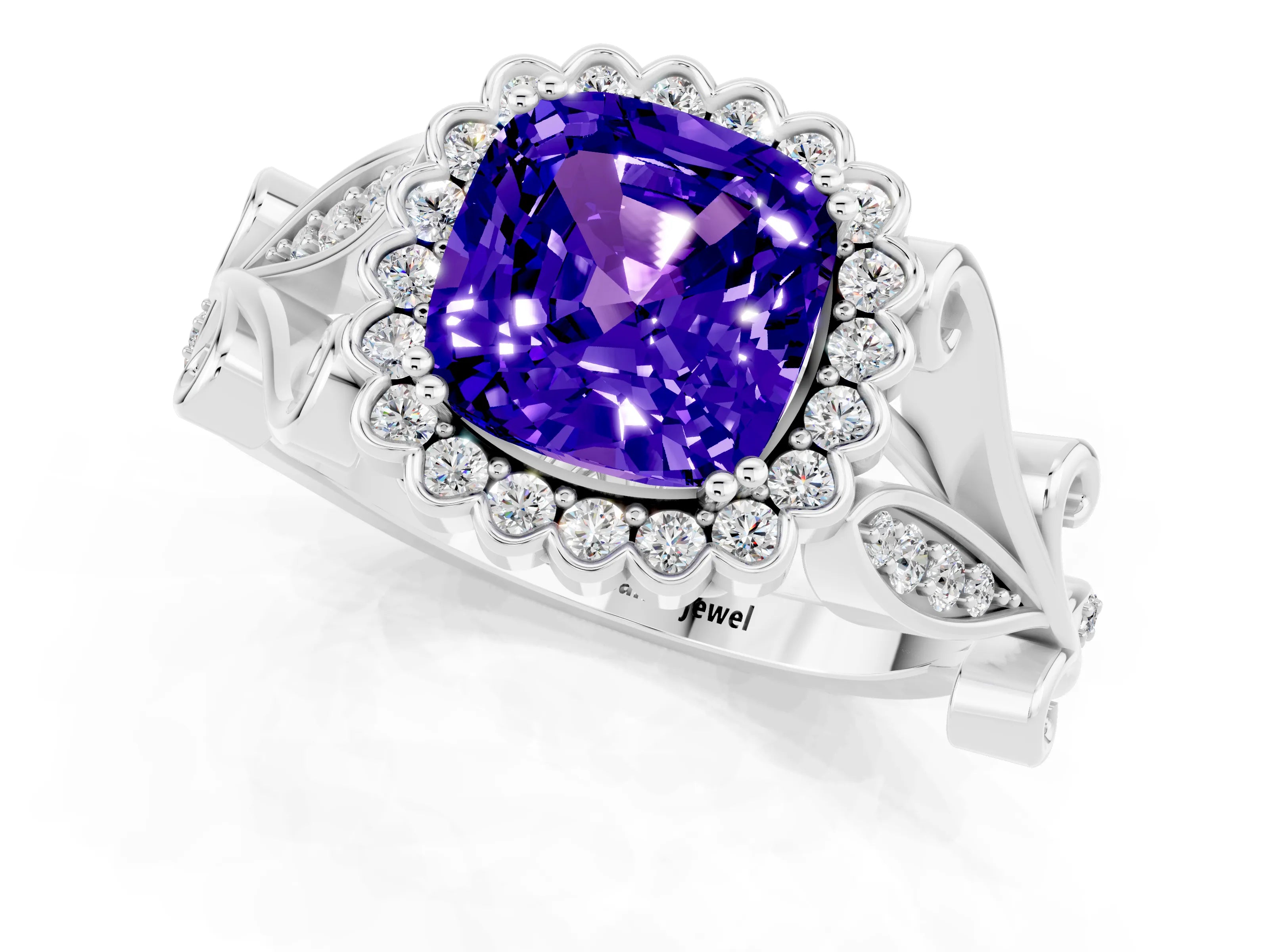 White gold Cushion Cut Tanzanite Halo Ring with Vintage Split Shank and Four-Prong Setting_25