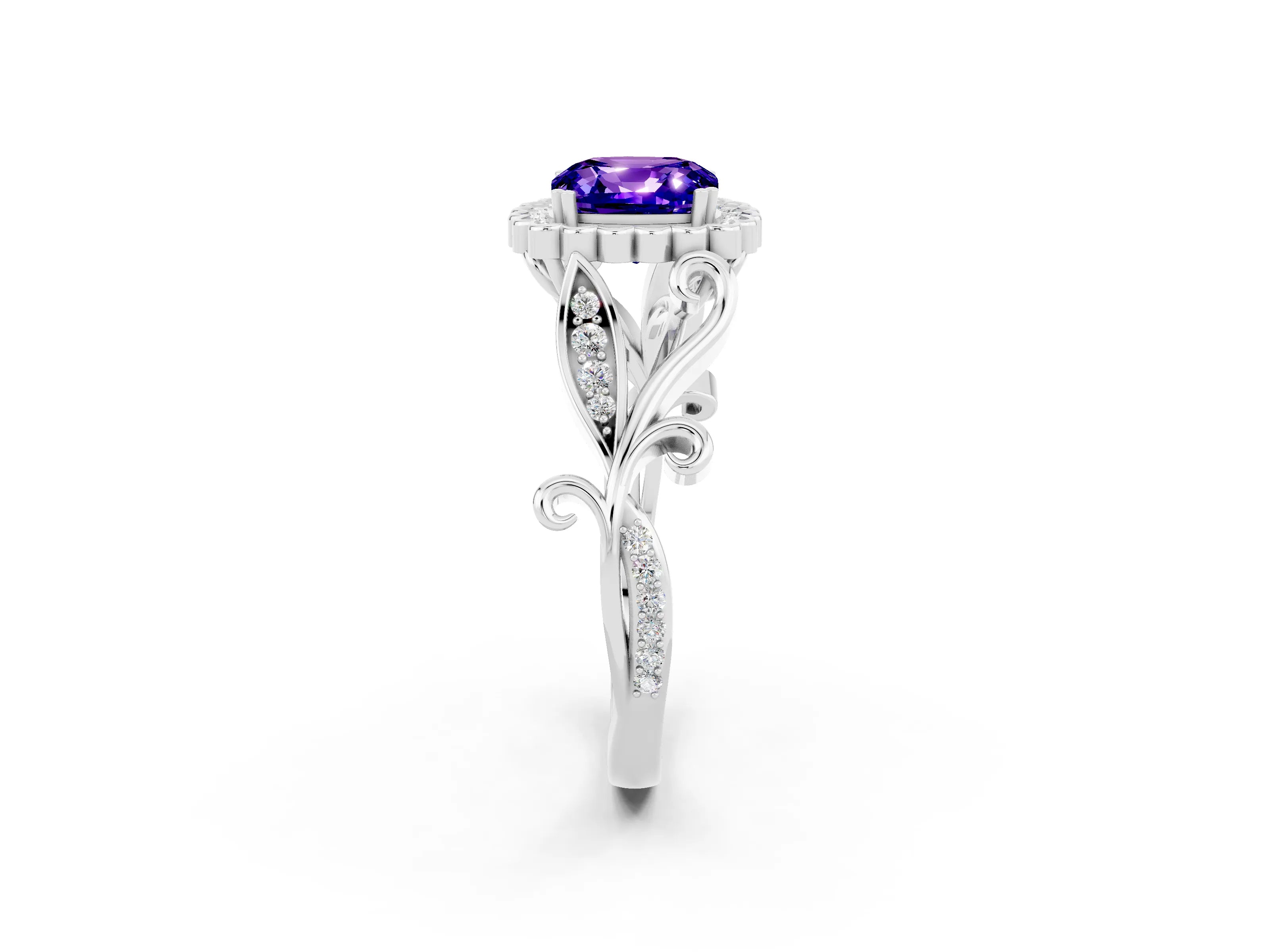 White gold Cushion Cut Tanzanite Halo Ring with Vintage Split Shank and Four-Prong Setting_26