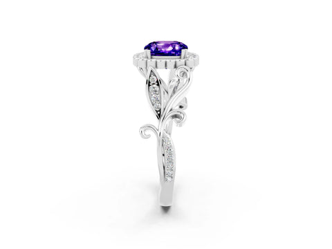 White gold Cushion Cut Tanzanite Halo Ring with Vintage Split Shank and Four-Prong Setting_26