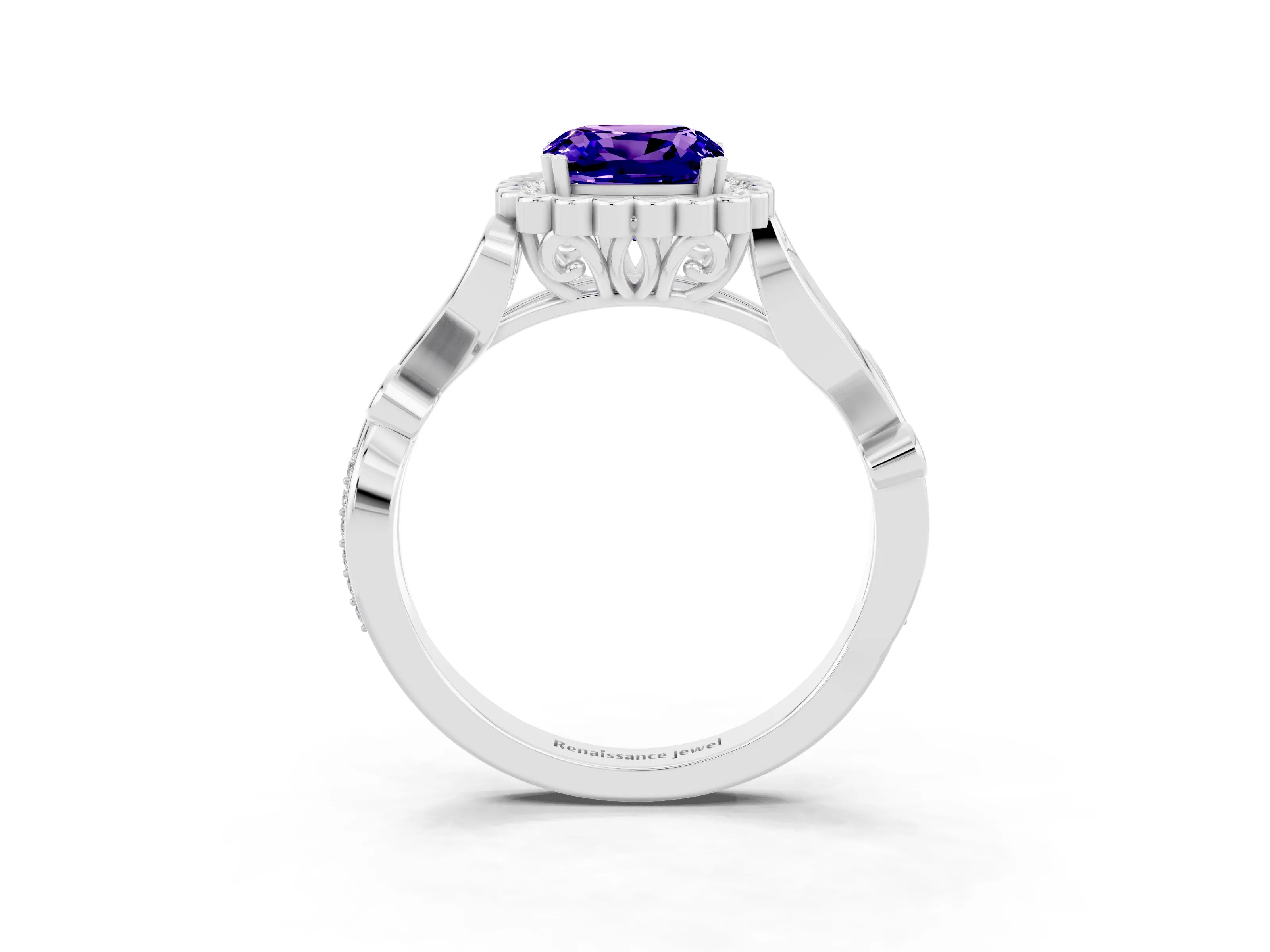 White gold Cushion Cut Tanzanite Halo Ring with Vintage Split Shank and Four-Prong Setting_27