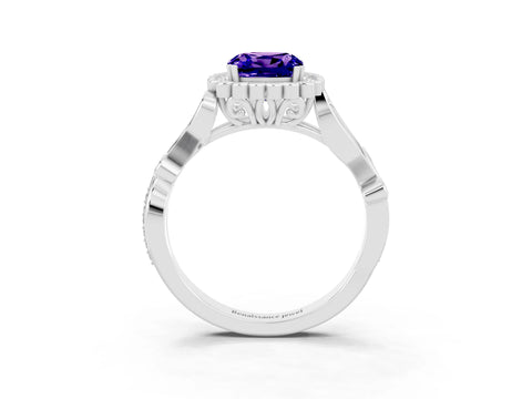 White gold Cushion Cut Tanzanite Halo Ring with Vintage Split Shank and Four-Prong Setting_27