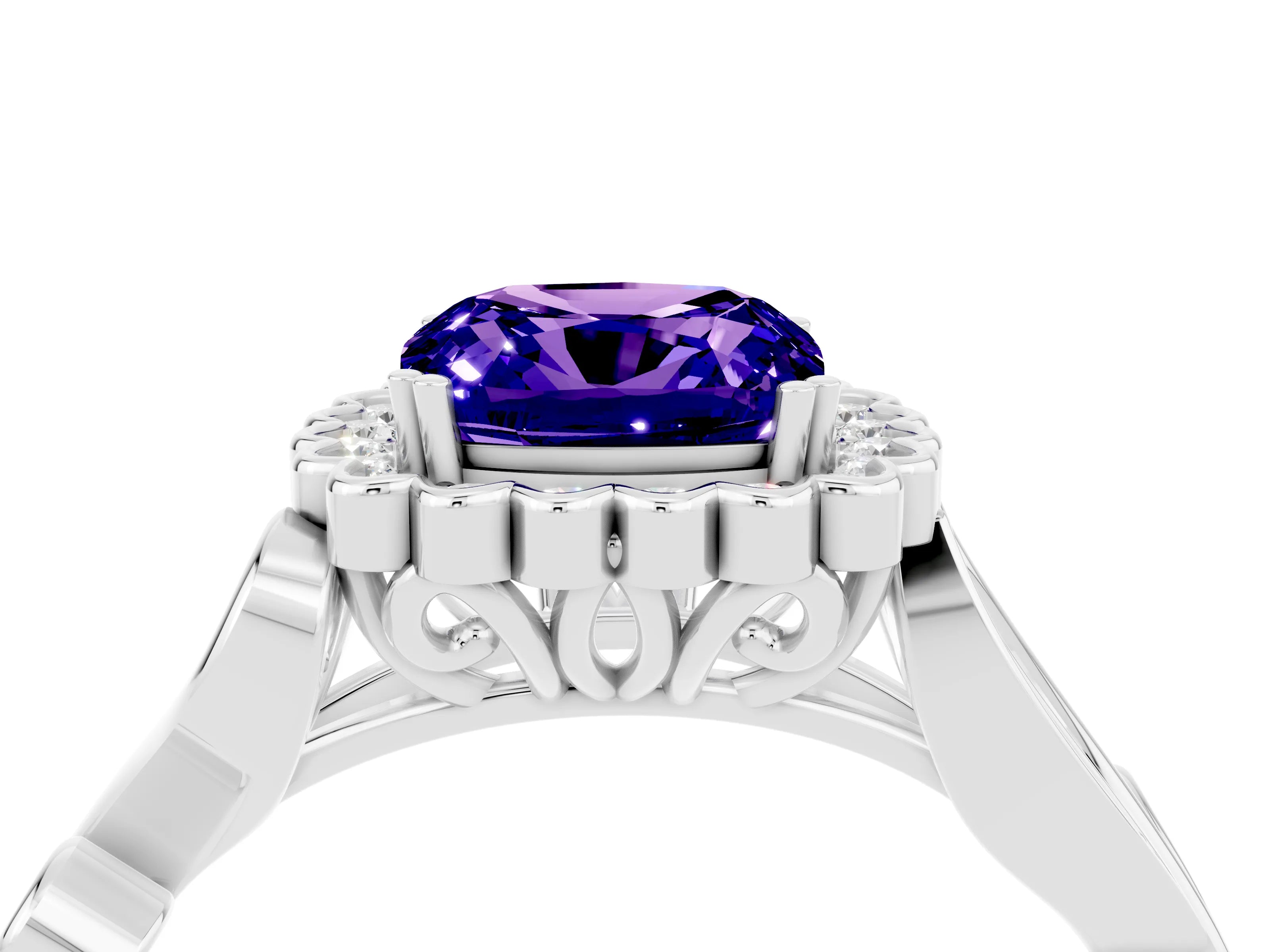 White gold Cushion Cut Tanzanite Halo Ring with Vintage Split Shank and Four-Prong Setting_28