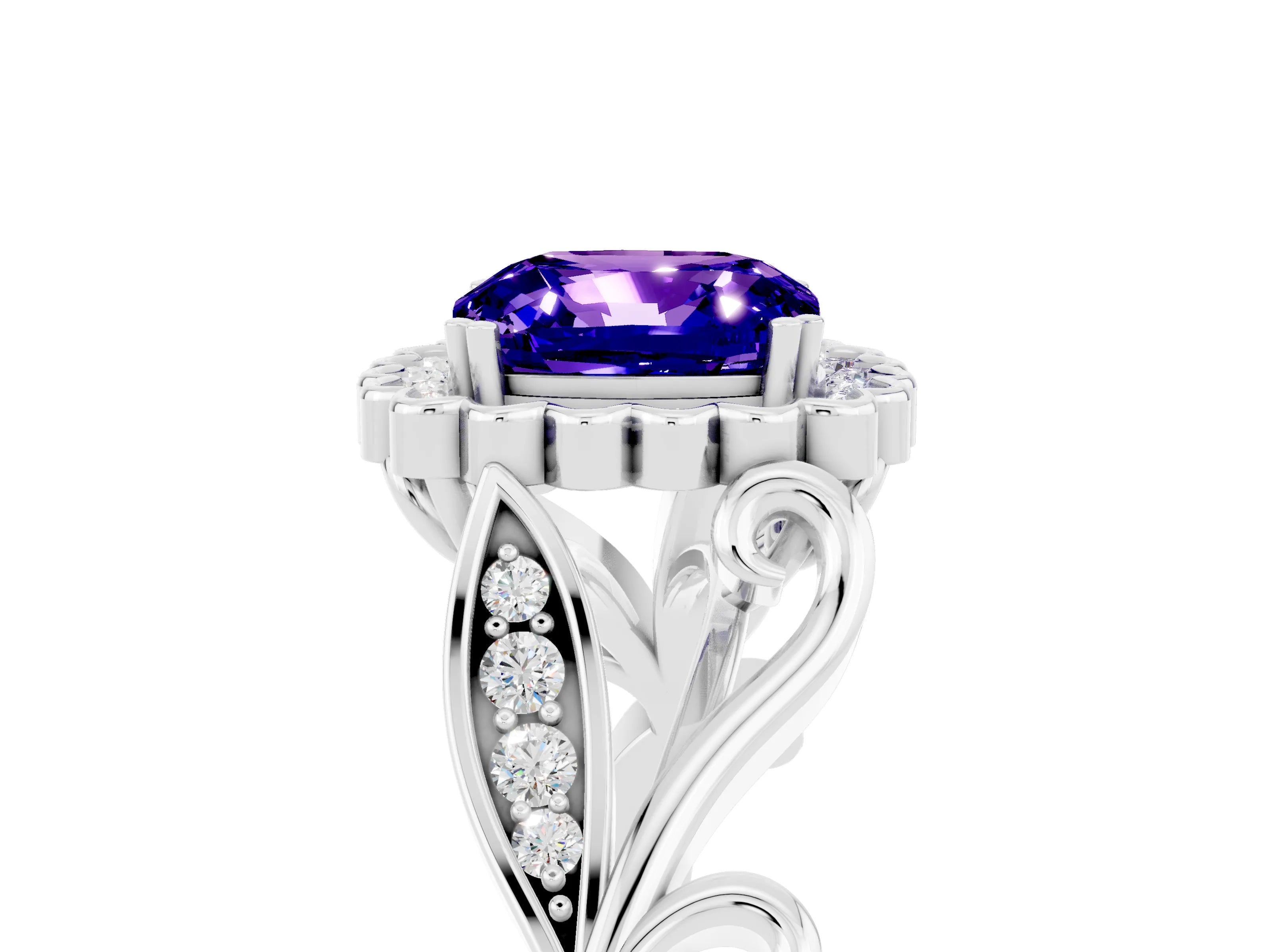 White gold Cushion Cut Tanzanite Halo Ring with Vintage Split Shank and Four-Prong Setting_29