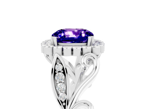 White gold Cushion Cut Tanzanite Halo Ring with Vintage Split Shank and Four-Prong Setting_29