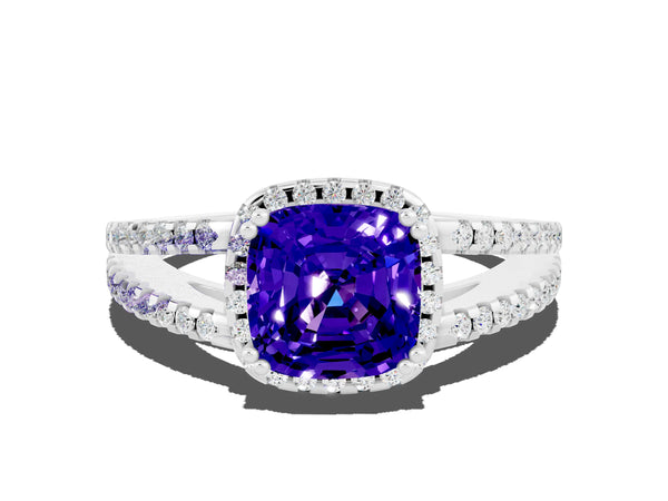 Platinum Cushion Cut Tanzanite Halo Split Shank Engagement Ring