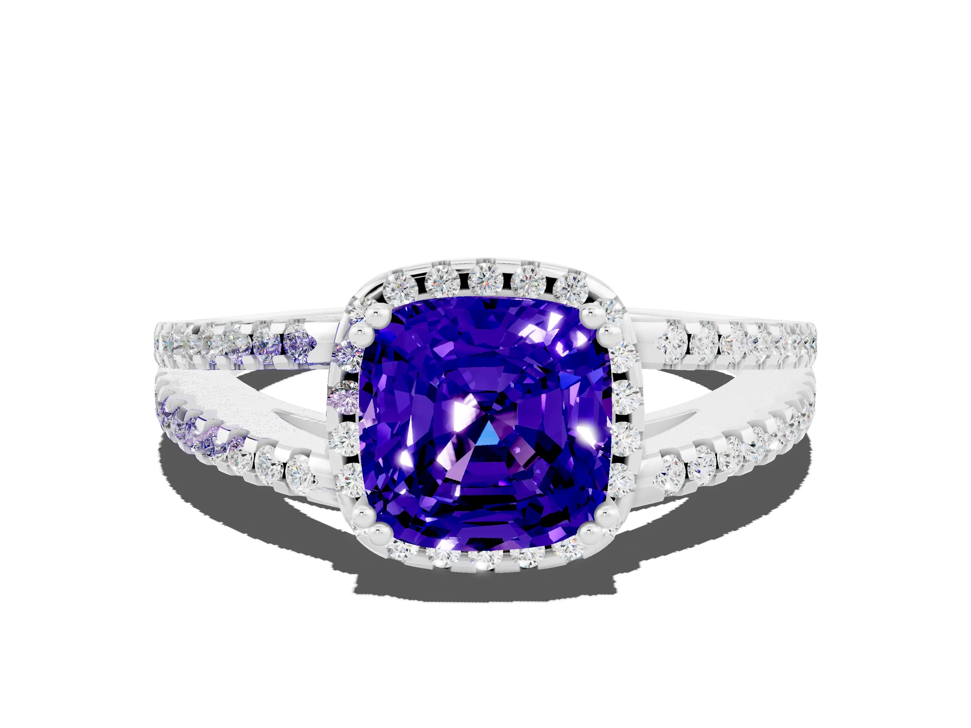 White gold Cushion Cut Tanzanite Halo Split Shank Engagement Ring_24