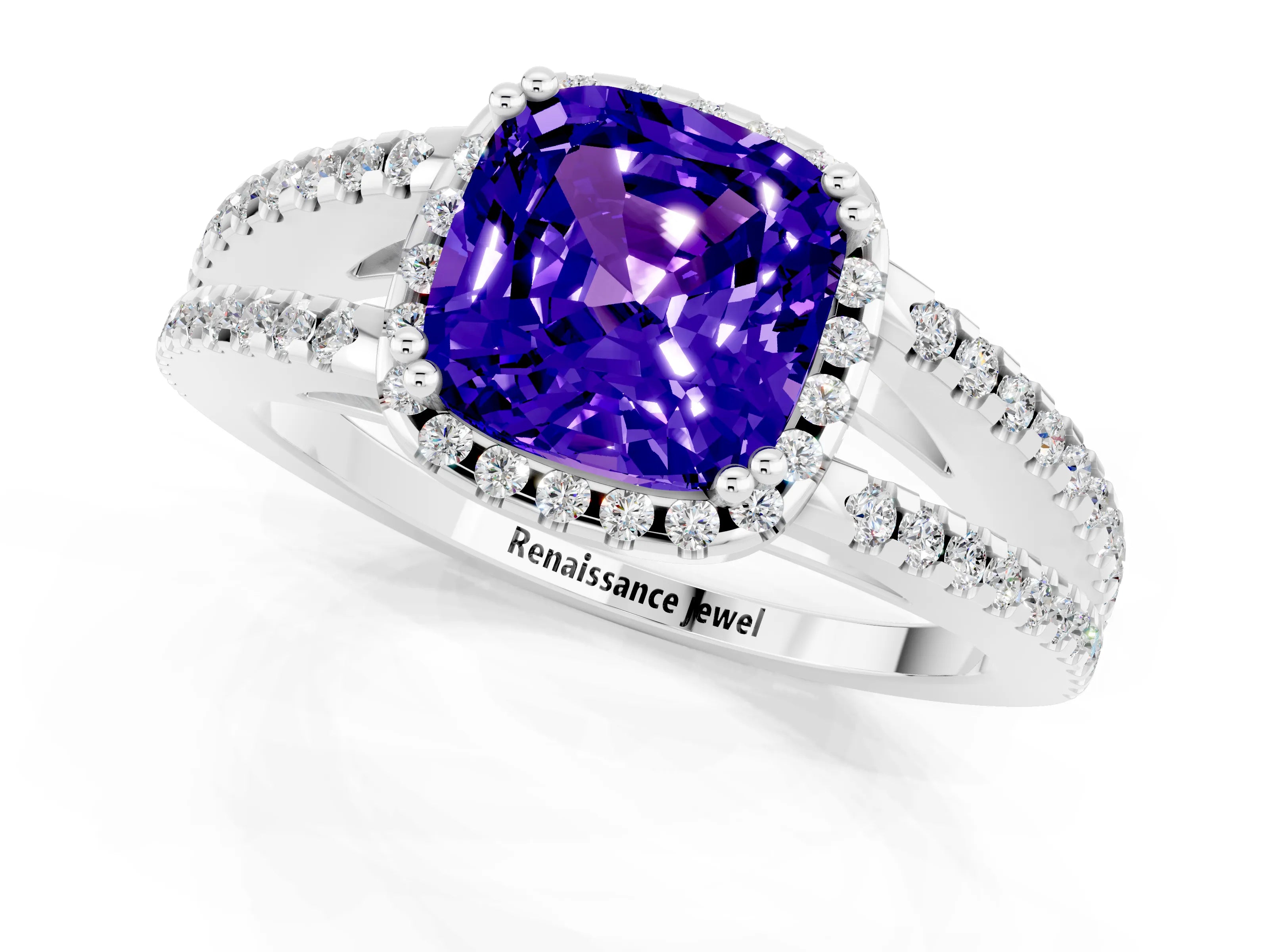 White gold Cushion Cut Tanzanite Halo Split Shank Engagement Ring_25