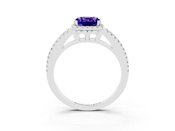 Platinum Cushion Cut Tanzanite Halo Split Shank Engagement Ring