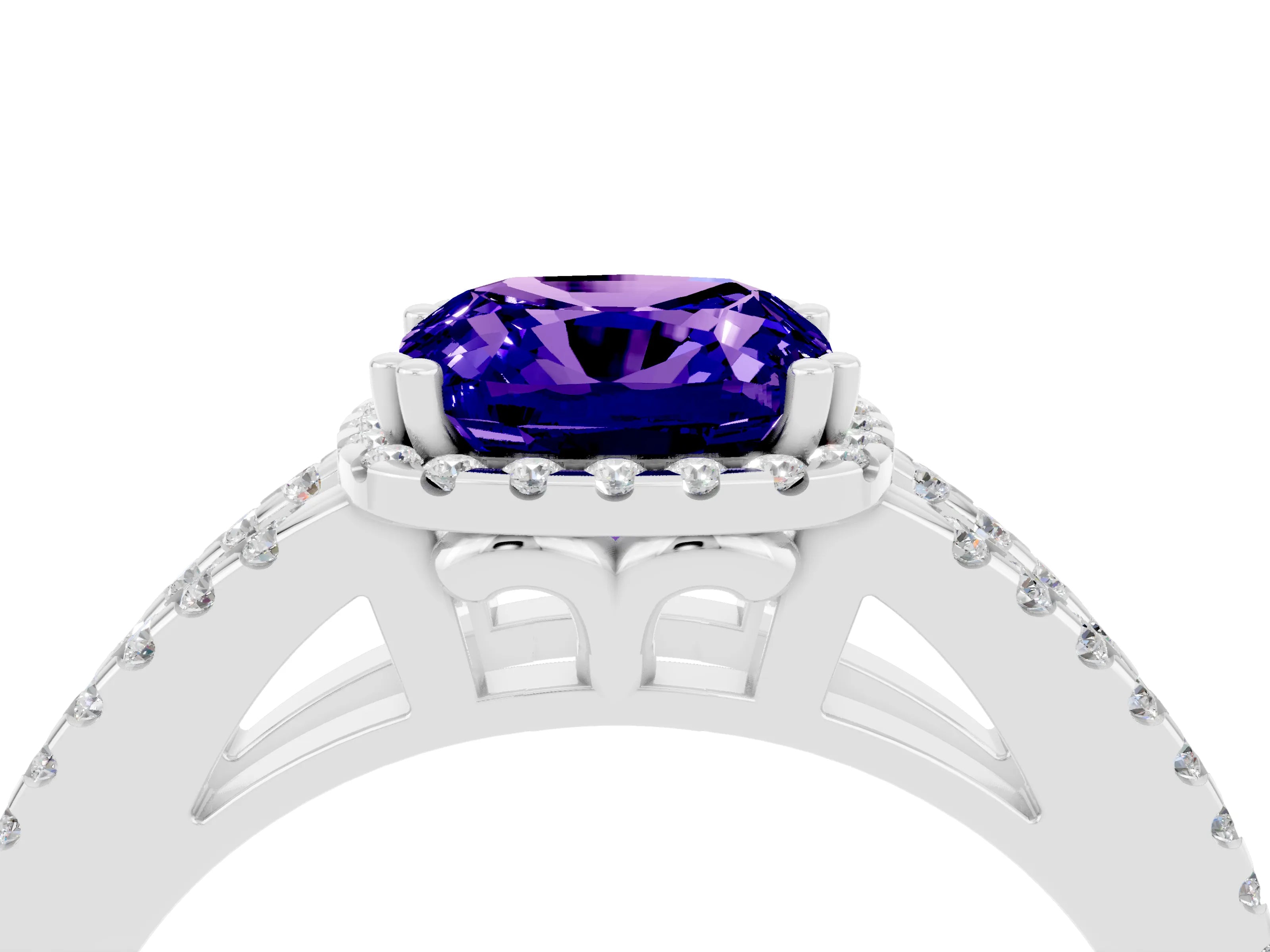 White gold Cushion Cut Tanzanite Halo Split Shank Engagement Ring_28