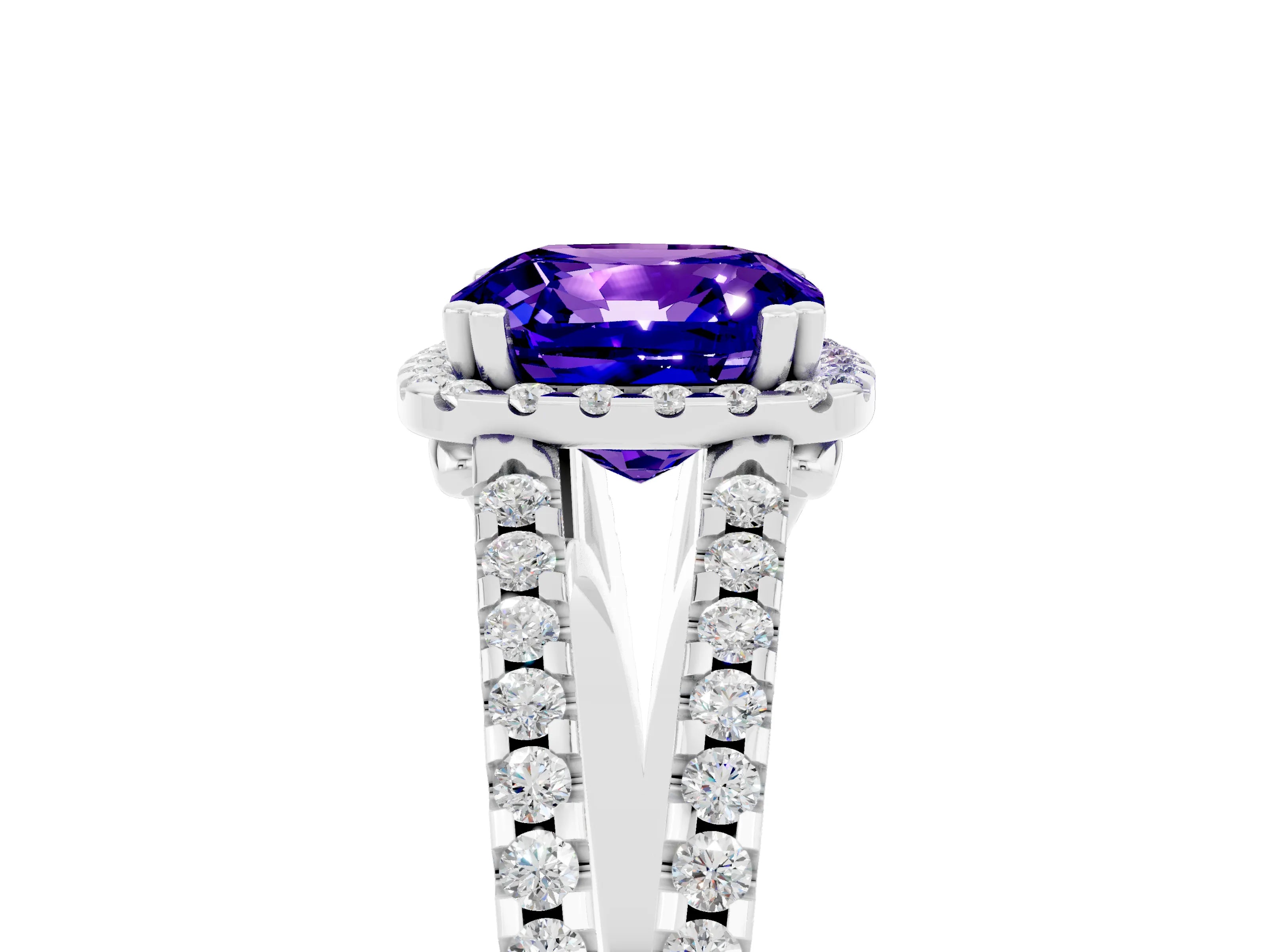 White gold Cushion Cut Tanzanite Halo Split Shank Engagement Ring_29