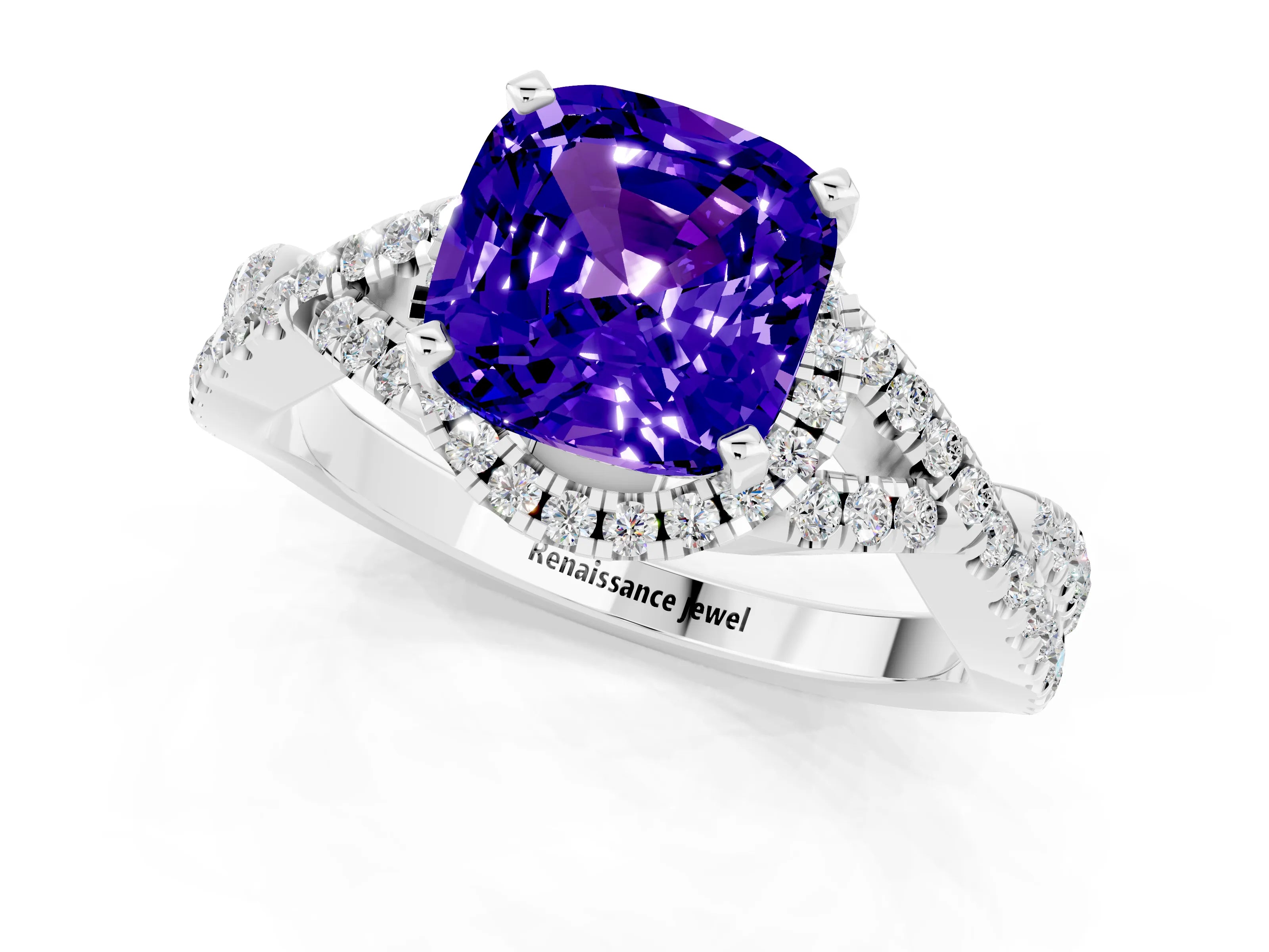 White gold Cushion Cut Tanzanite Halo Twist Band Solitaire Prong Setting Ring_1