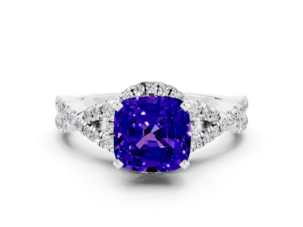 White gold Cushion Cut Tanzanite  Halo Twist Band Solitaire Prong Setting Ring