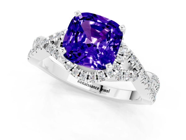 White gold Cushion Cut Tanzanite  Halo Twist Band Solitaire Prong Setting Ring