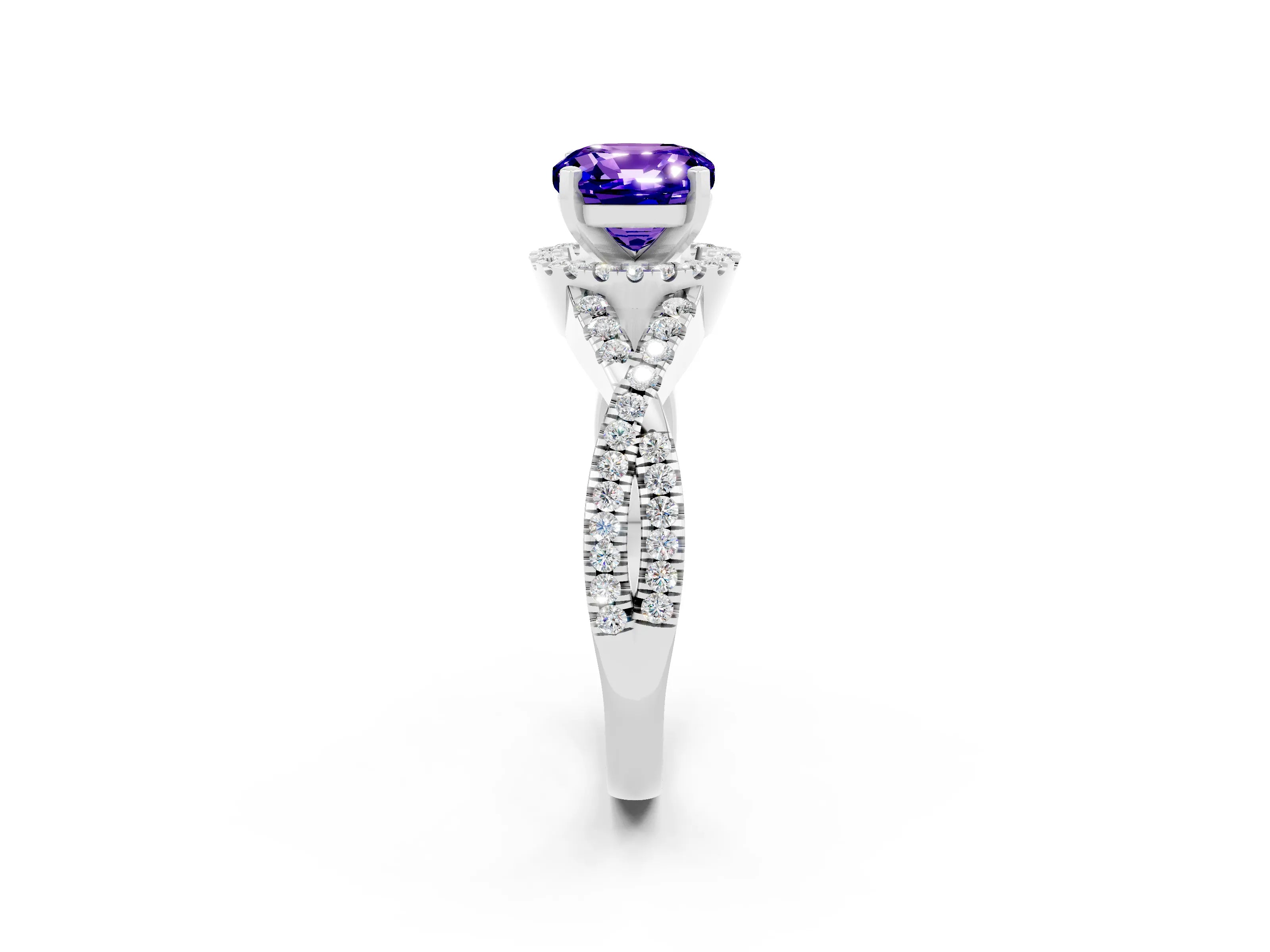 White gold Cushion Cut Tanzanite Halo Twist Band Solitaire Prong Setting Ring_2