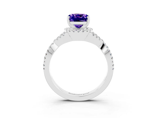 White gold Cushion Cut Tanzanite  Halo Twist Band Solitaire Prong Setting Ring